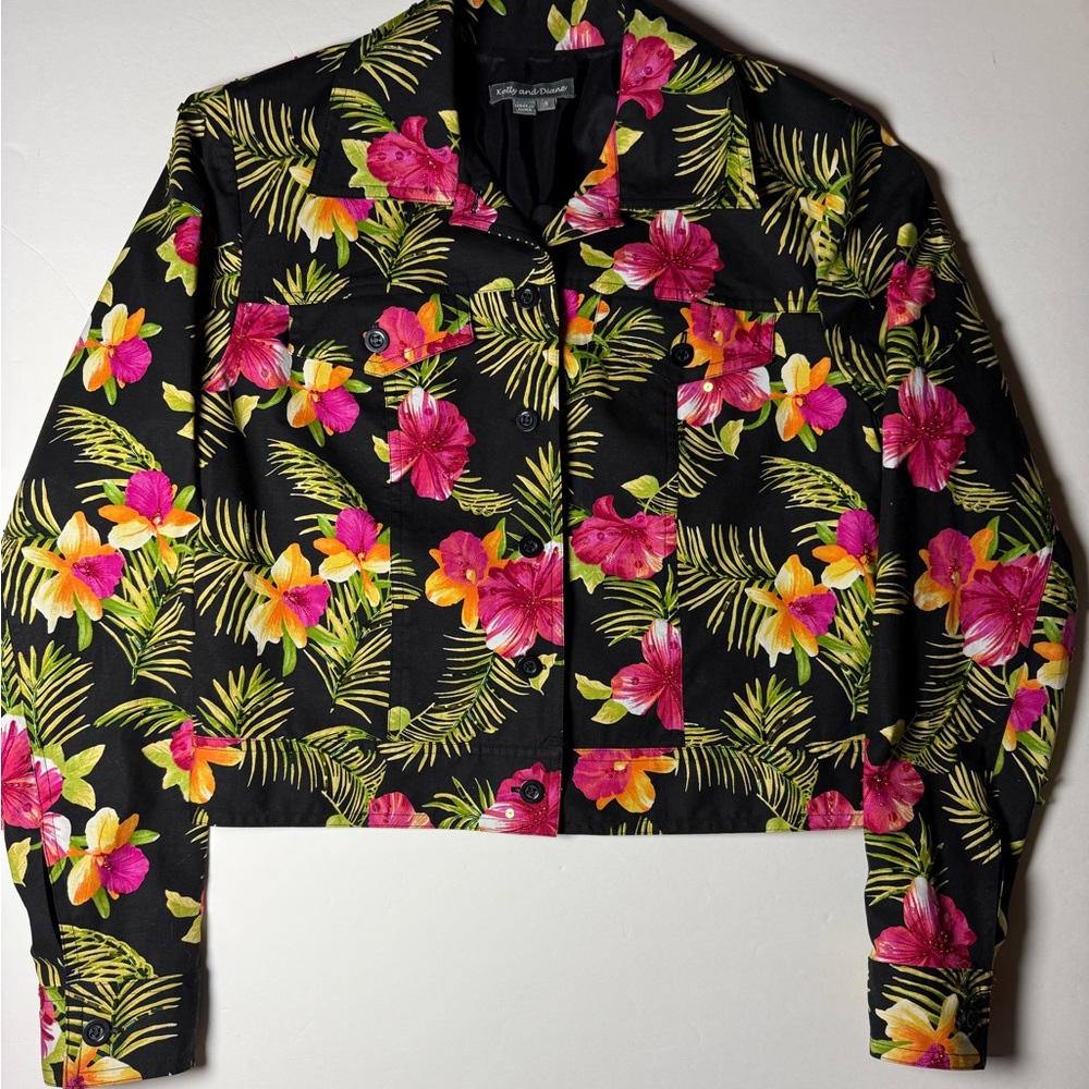 Kelly & Diane Tropical Floral cropped Jacket Black Hibiscus Size 4